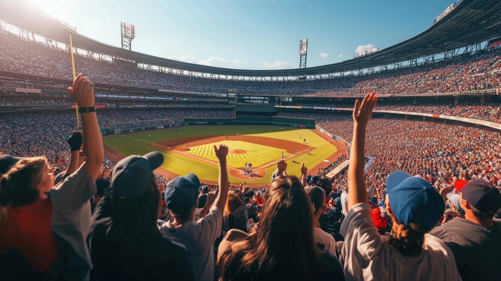Fans on their feet inside a packed baseball stadium on a sunny afternoon, arms raised toward a bright green field below — a city gathered, expectant, wanting the story to go a certain way.